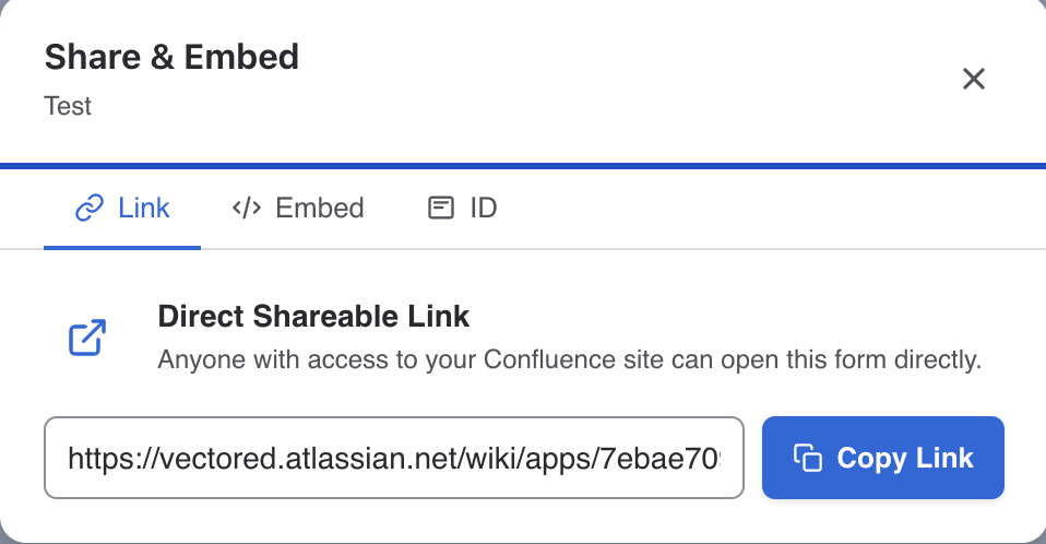 Share modal with Link, Embed, and ID tabs